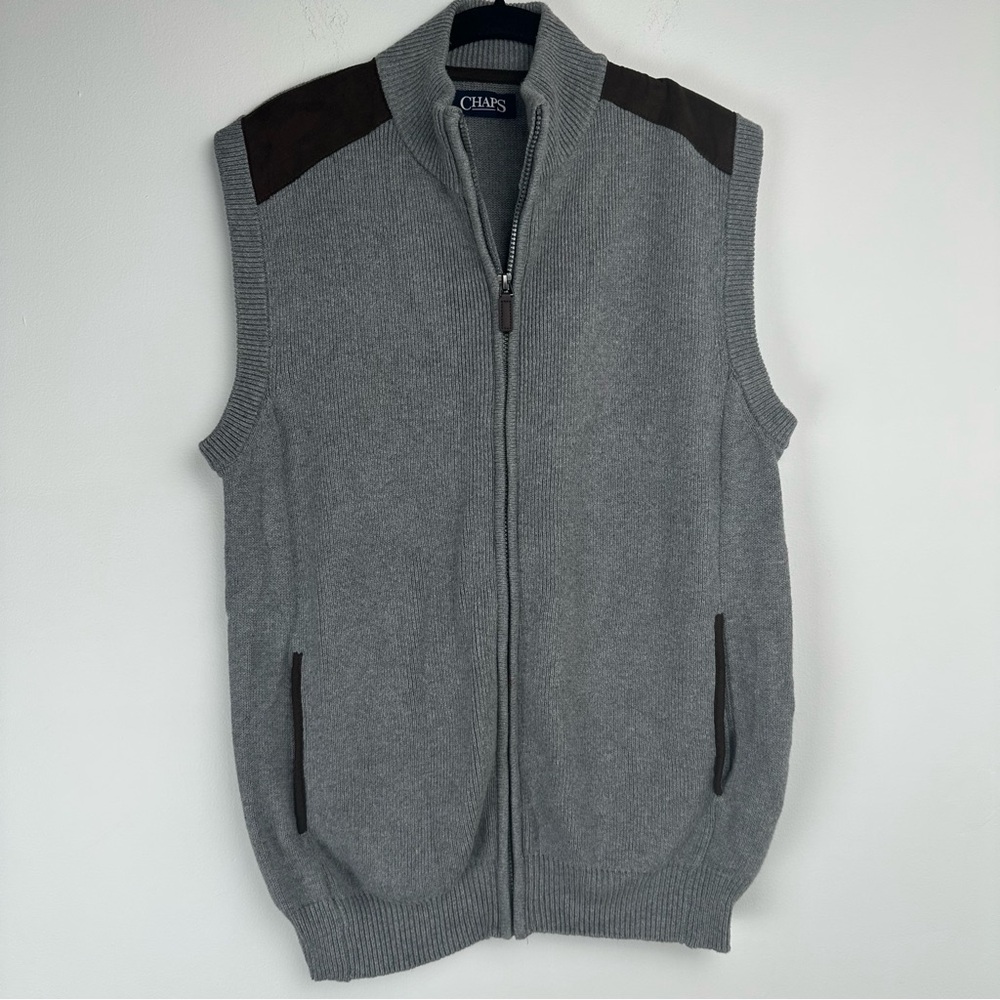 Chaps Men's Sweater Vest Size Medium Gray‎ Zip Business Casual Office Grandpa